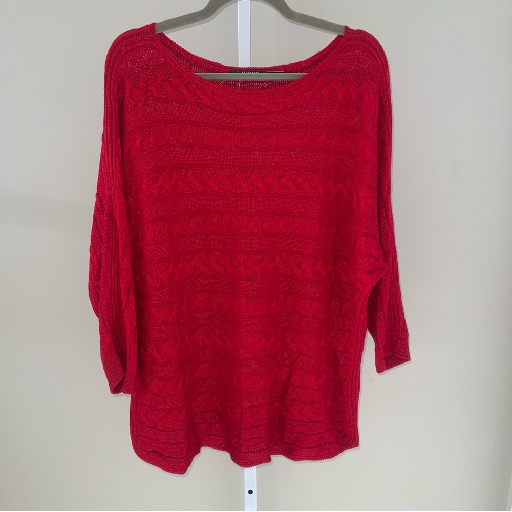 Lauren Ralph Lauren Red Cable Knit Dolman Sleeve Sweater XL Cotton Blend